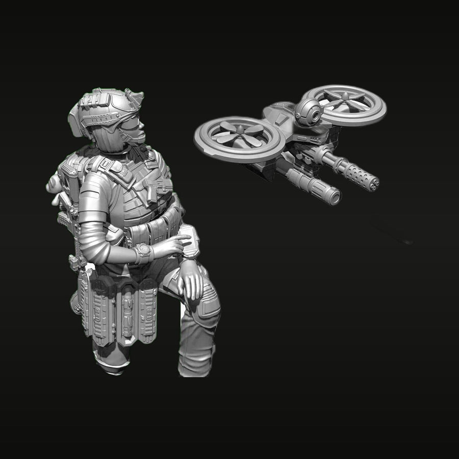 Sci-Fi Female Soldier Yilia with Combat Drone 1/35 Resin Figure Kit - unpainted resin model kit