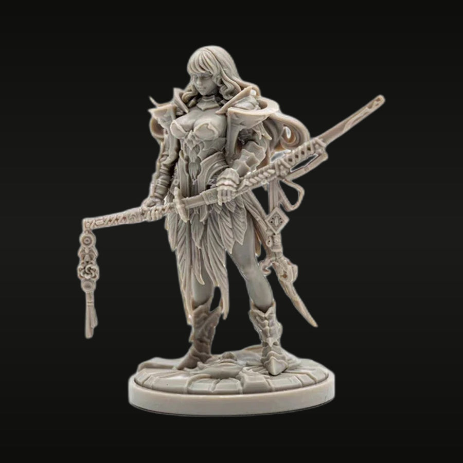 Fantasy Female Warrior with Ornate Rifle and Chain Weapon 75mm Resin Figure Kit - unpainted resin model kit