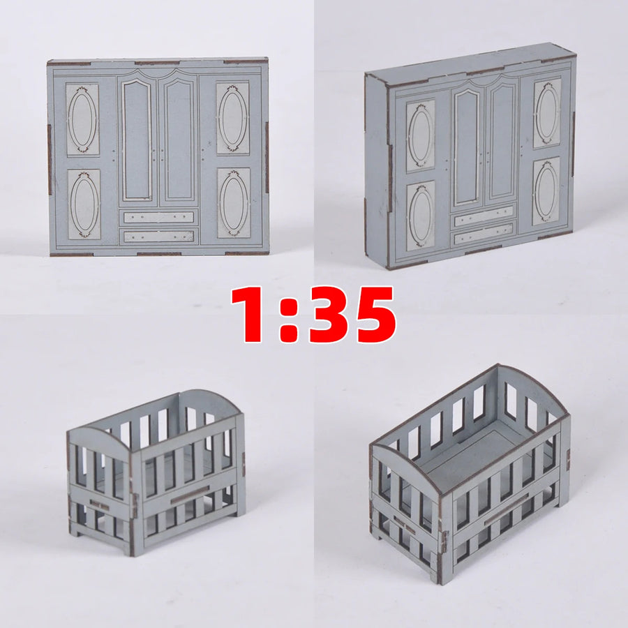 1/35 Scale Model Kit Bedroom Furniture Bed Crib Dressing Table Mirror Nightstand Wardrobe Cupboard Sand Table Diorama Models
