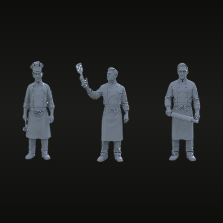 Modern Chef Kitchen Staff 3-Figure Set 1/72 Resin Figures - unpainted resin model kit