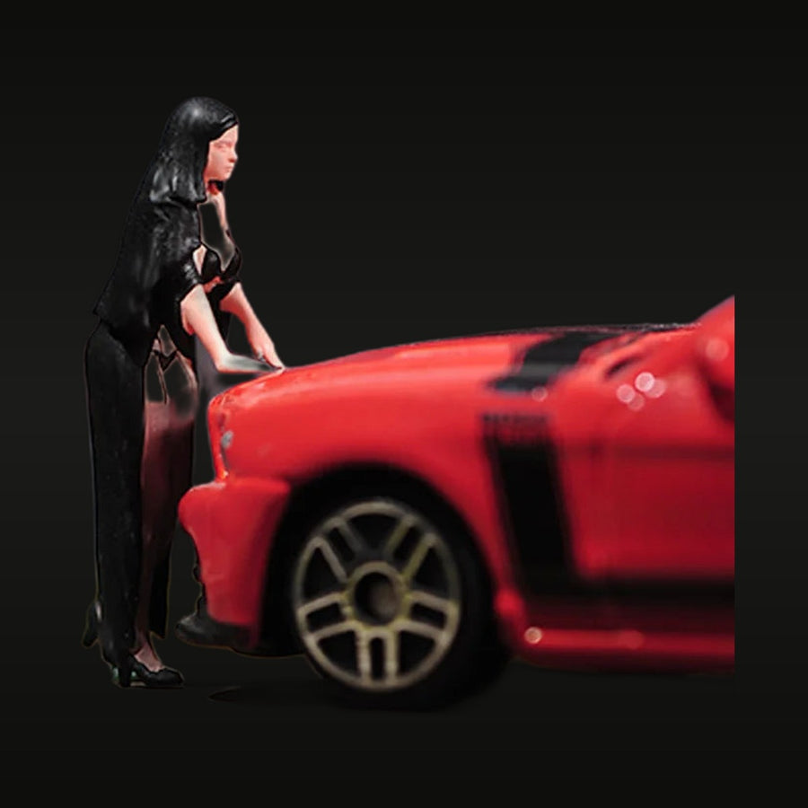 Pinup Woman in Black Leather with Red Sports Car 1/87 Resin Figure Kit - unpainted resin model kit
