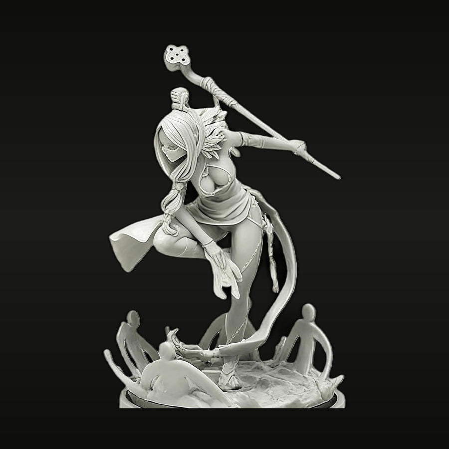 Fantasy Female Warrior/Shaman with Staff & Undead Base 75mm Resin Figure Kit - unpainted resin model kit