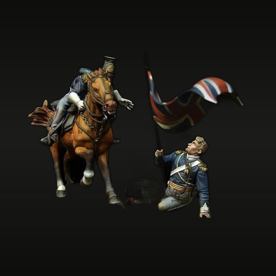 Napoleonic British Cavalry Officer on Horseback with Fallen Flag Bearer 90mm Resin Figure Set - unpainted resin model kit