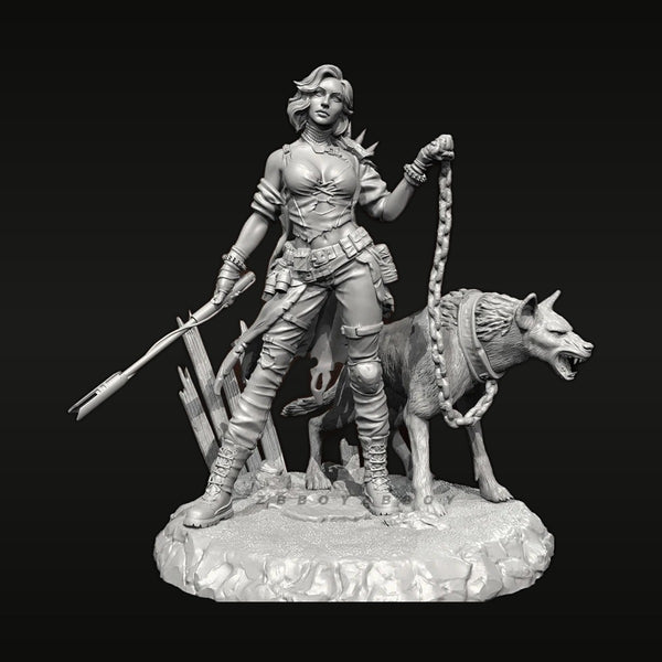 Female Warrior with Wolf Companion - 38mm Resin Figure Kit