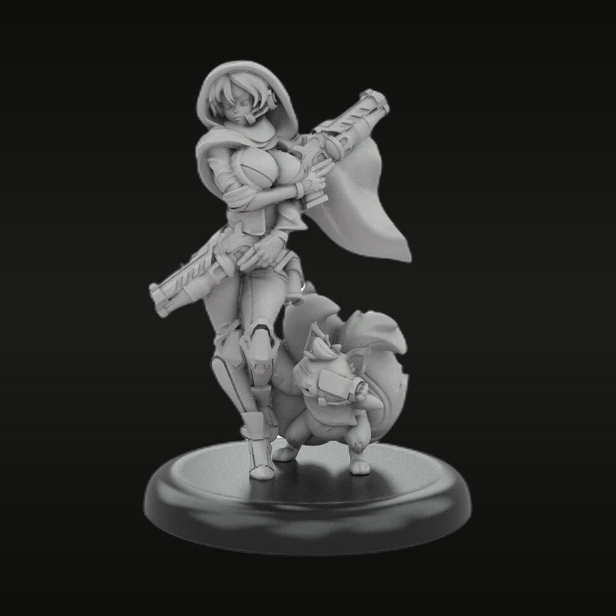Sci-Fi Fantasy Female Warrior with Rifle and Axe with Animal Companion 40mm Resin Figure Kit - unpainted resin model kit