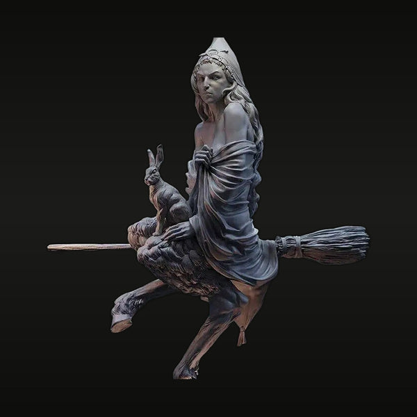Fantasy Female Witch with Rabbit Familiar on Broomstick 1/24 Resin Bust Kit