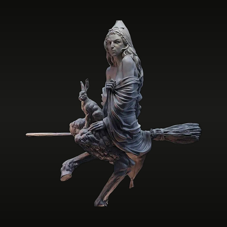 Fantasy Female Witch with Rabbit Familiar on Broomstick 1/24 Resin Bust Kit - unpainted resin model kit