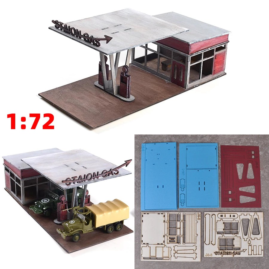 Assembly Architectural Model Sand Table Gas Station Filling Petrol Service Station Modern and Car Scale Model Kit 1/64