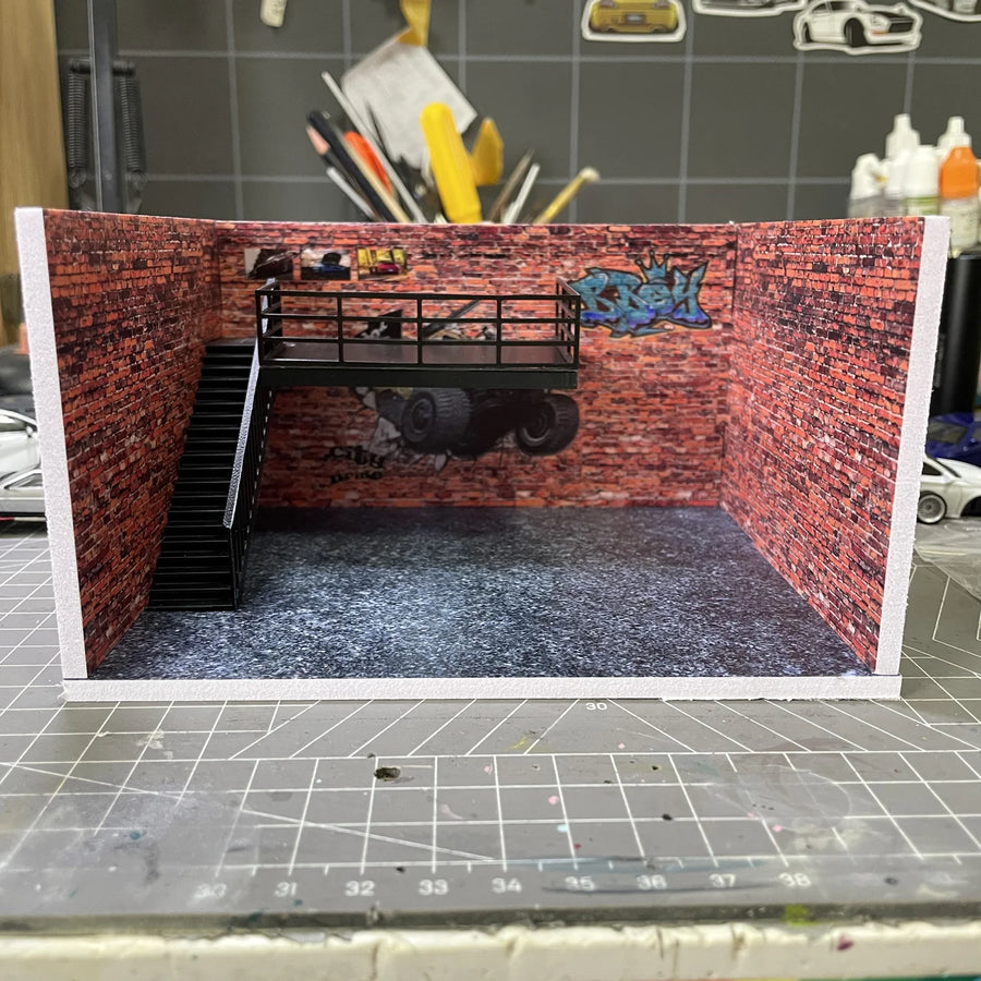 1/64 Parking Scene Tire Rack Tool Stand Red Brick Graffiti American Style Garage Accessories Car Repair Factory Display Props