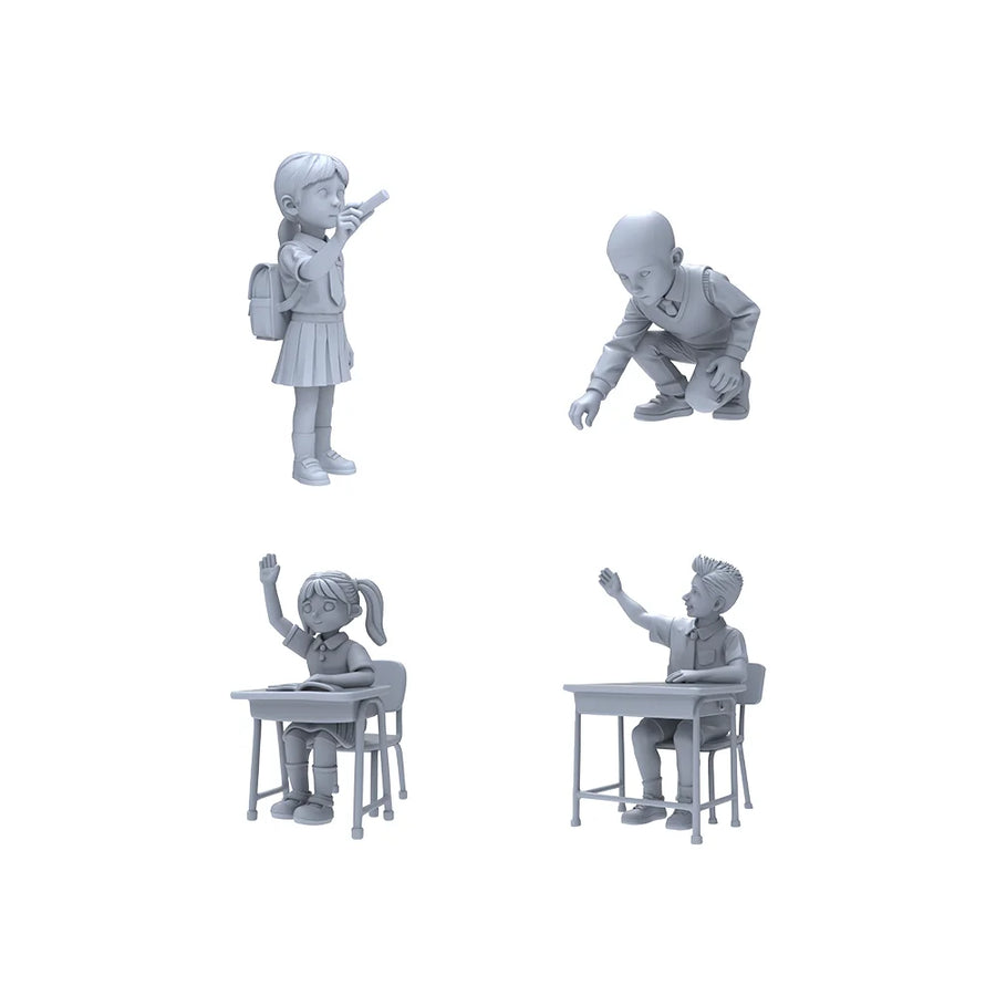 School Campus Student Figures Set 4-Pack with Desks 1/64 Resin Kit - unpainted resin model kit