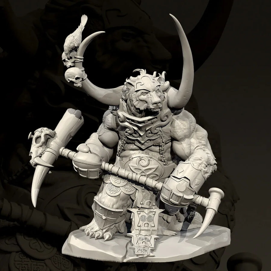 Fantasy Bull Minotaur Warrior with Skull Staff 60mm Resin Figure Kit - resin model view 2
