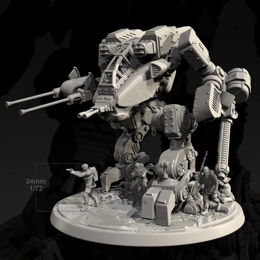 Sci-Fi Combat Mech with Infantry Diorama Base 28mm Resin Kit - resin model view 4