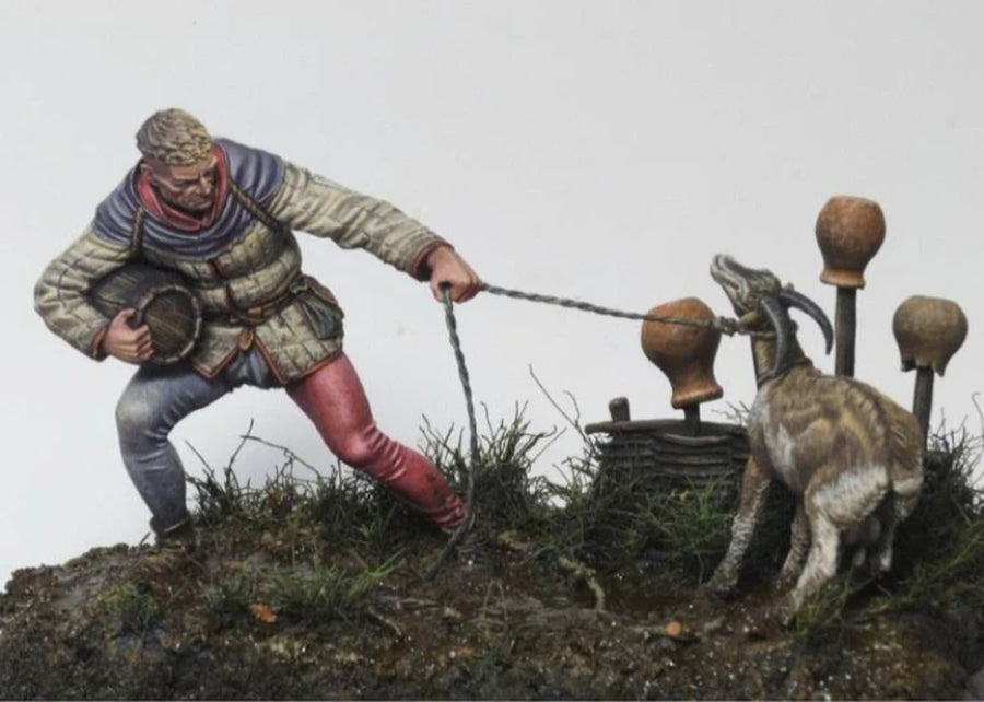 Medieval Bard/Merchant with Goat and Rocky Base 75mm Resin Diorama Kit - resin model view 3