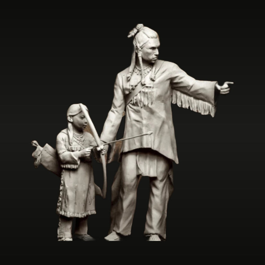 Native American Father and Son with Spear 1/24 Resin Diorama Set - unpainted resin model kit