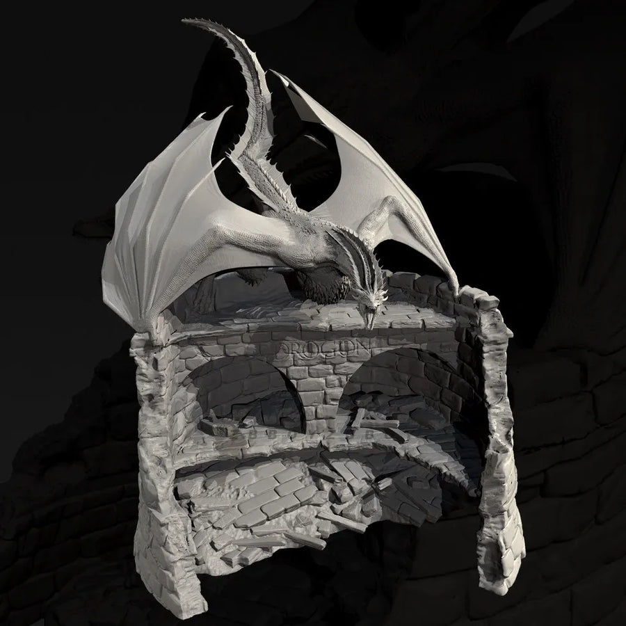 Fantasy Green Dragon on Ruined Tower Diorama 75mm Resin Kit - resin model view 5