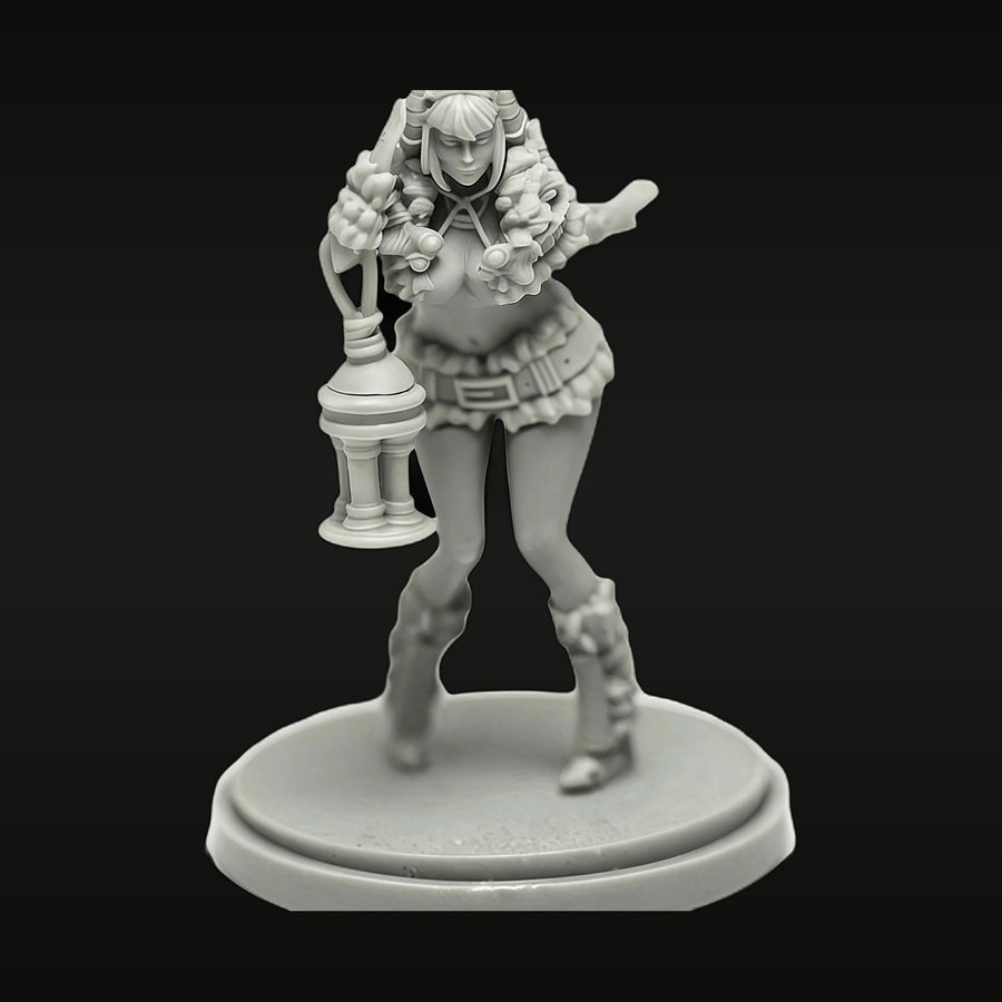 Fantasy Female Warrior with Horned Headdress and Lantern 40mm Resin Figure Kit - unpainted resin model kit