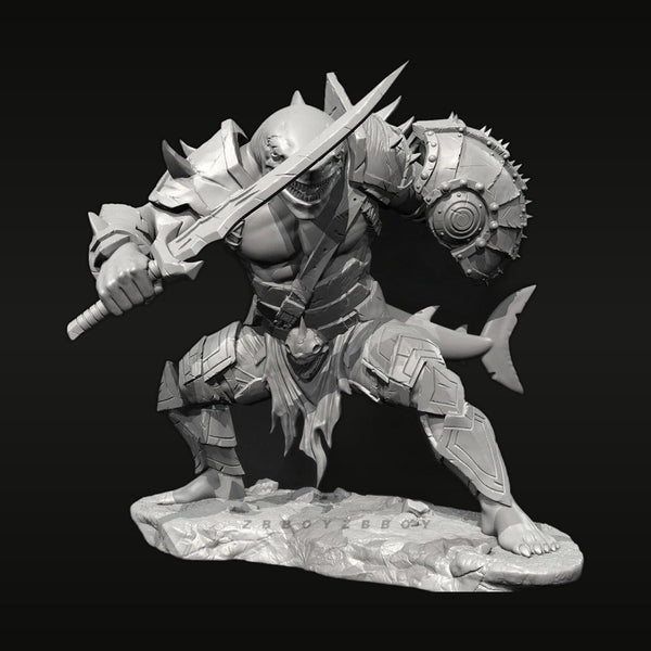 Fantasy Shark Beast Warrior with Saw Blade and Shield 38mm Resin Figure Kit