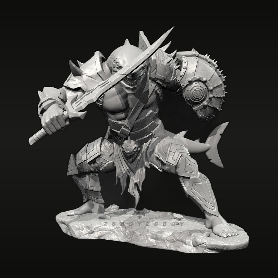 Fantasy Shark Beast Warrior with Saw Blade and Shield 38mm Resin Figure Kit - unpainted resin model kit