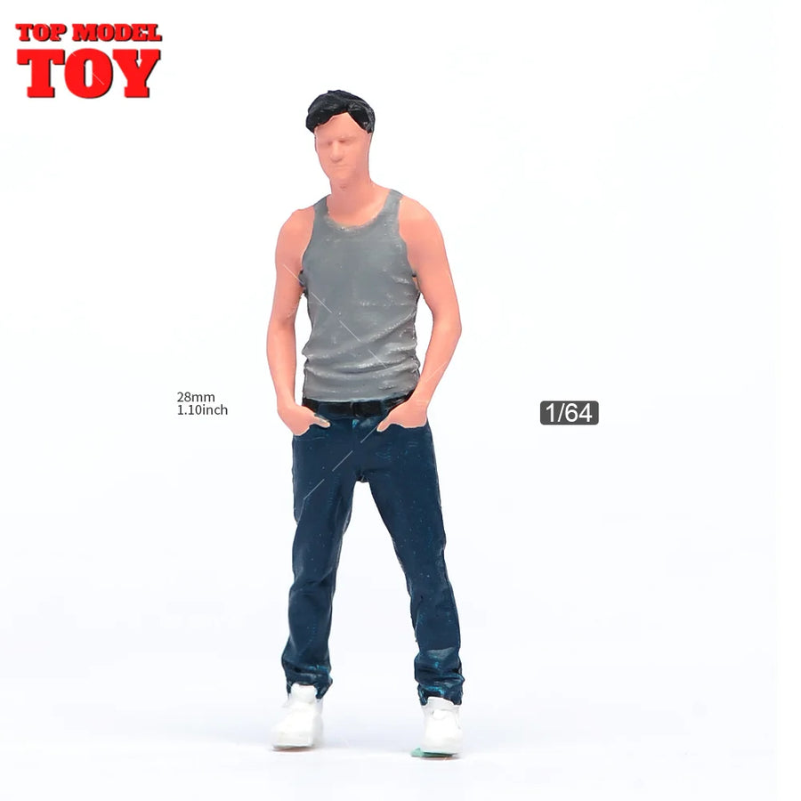 Painted Miniatures 1/64 Grey Vest Boy Jacket White T-Shirt Man Mini Scene Props Doll Unpainted Model for Cars Vehicles Toys
