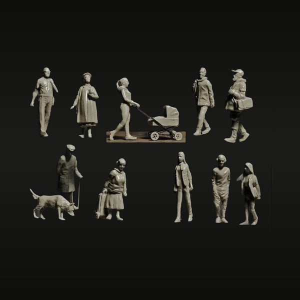 Late Victorian Townsfolk Civilians with Dog and Stroller 1/72 Resin Figure Set