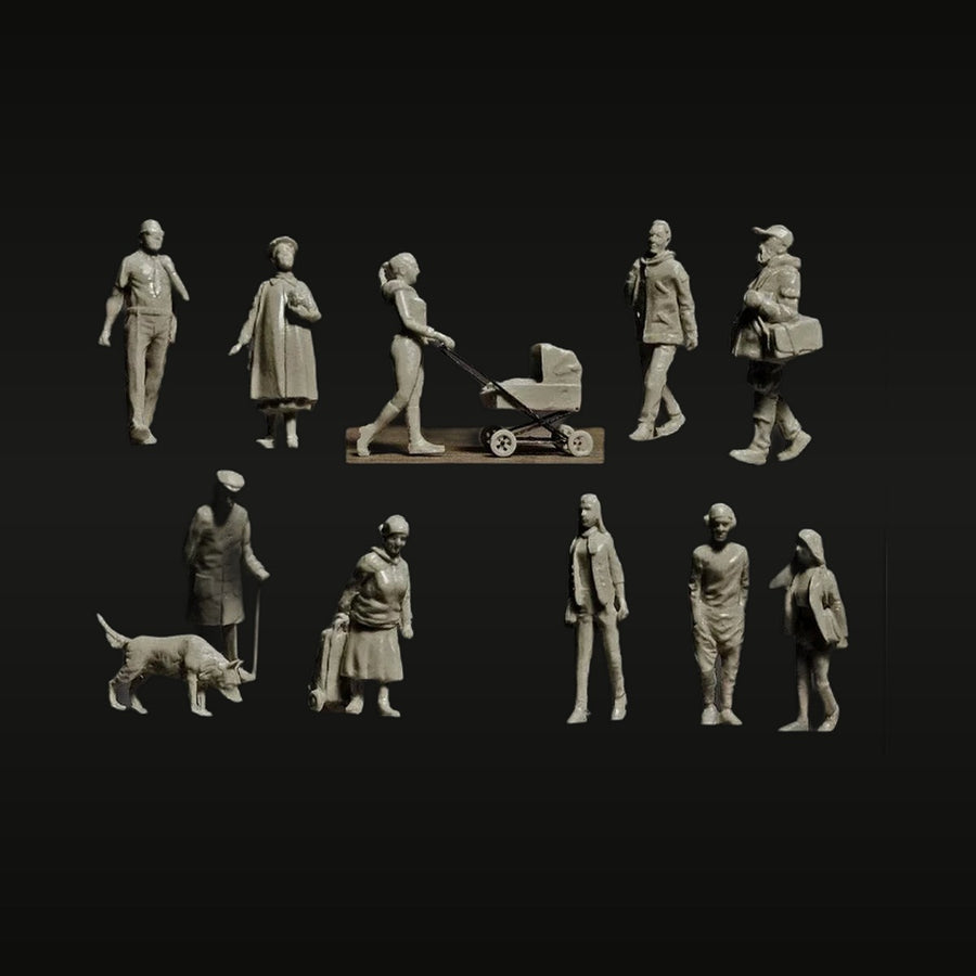 Late Victorian Townsfolk Civilians with Dog and Stroller 1/72 Resin Figure Set - unpainted resin model kit