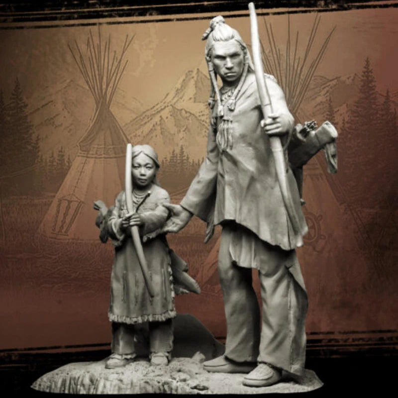 Native American Father and Son with Spear 1/24 Resin Diorama Set - resin model view 2