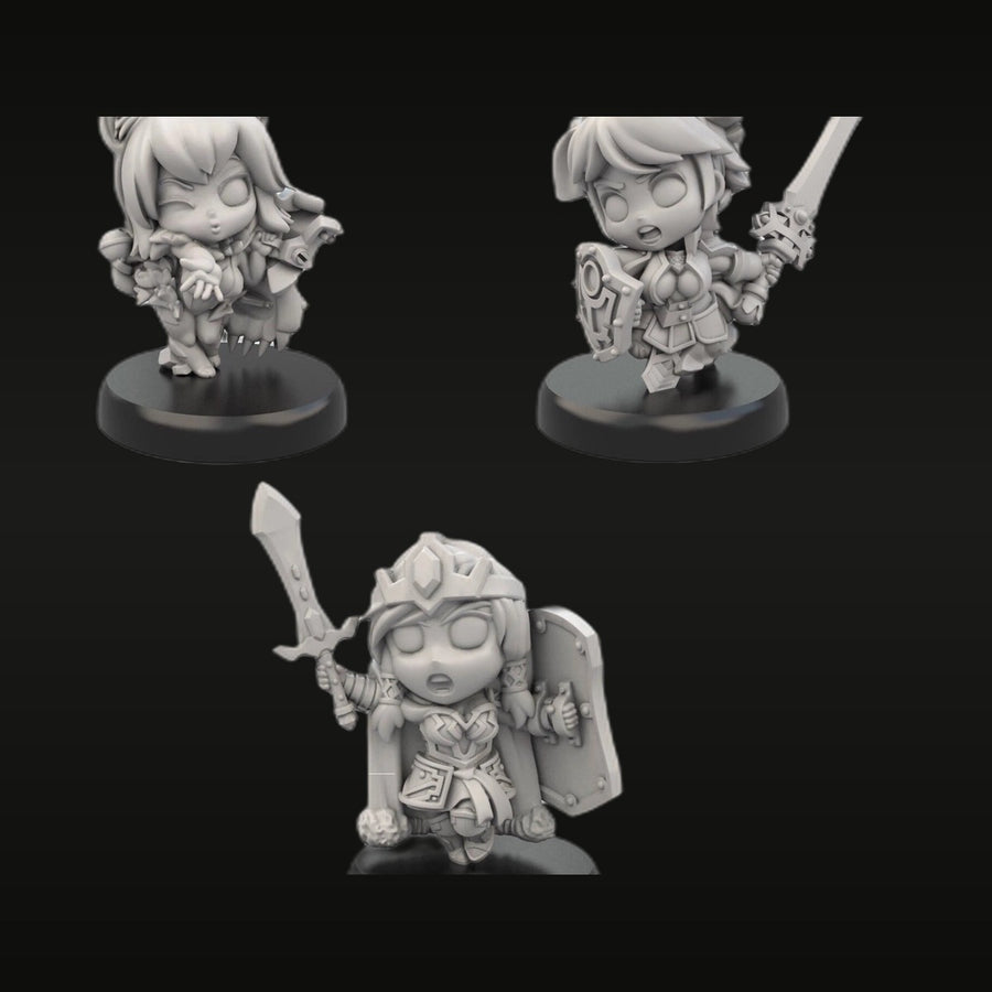 Fantasy Anime Chibi Female Warriors with Weapons 25mm Resin Figure Kit Set - unpainted resin model kit