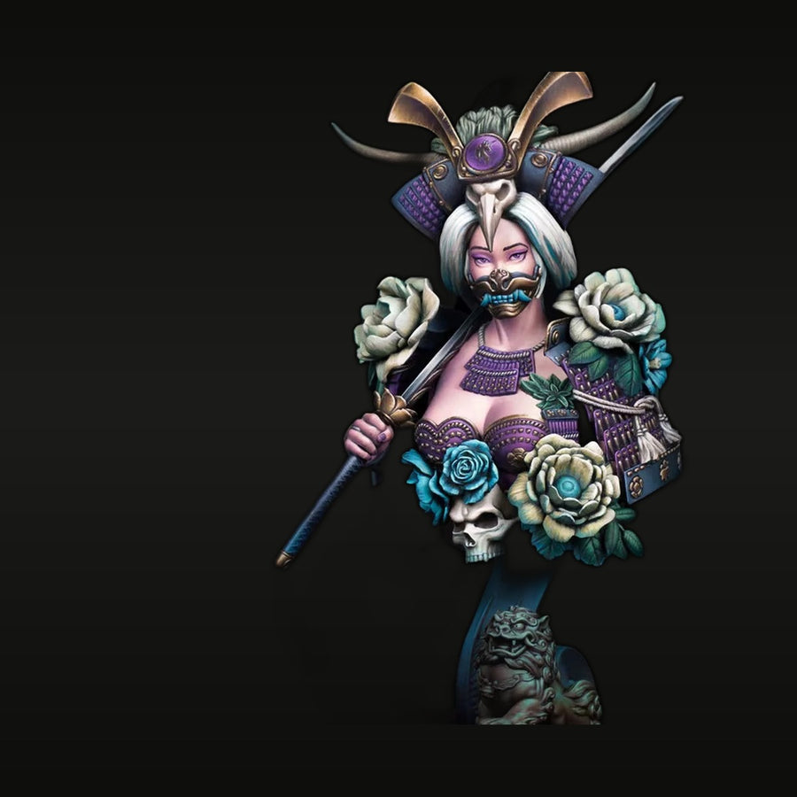Fantasy Female Oni Samurai with Naginata and Roses 75mm Resin Bust - unpainted resin model kit