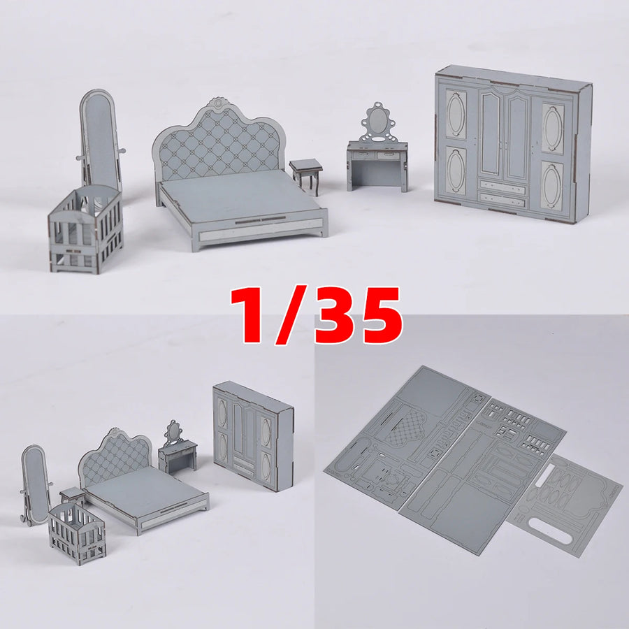 1/35 Scale Model Kit Bedroom Furniture Bed Crib Dressing Table Mirror Nightstand Wardrobe Cupboard Sand Table Diorama Models