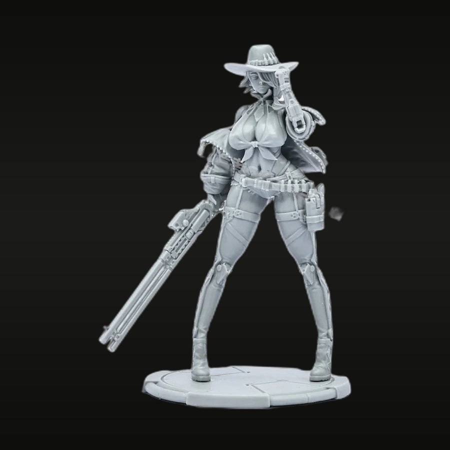 Pinup Female Cowgirl with Futuristic Rifle 75mm Resin Figure - unpainted resin model kit