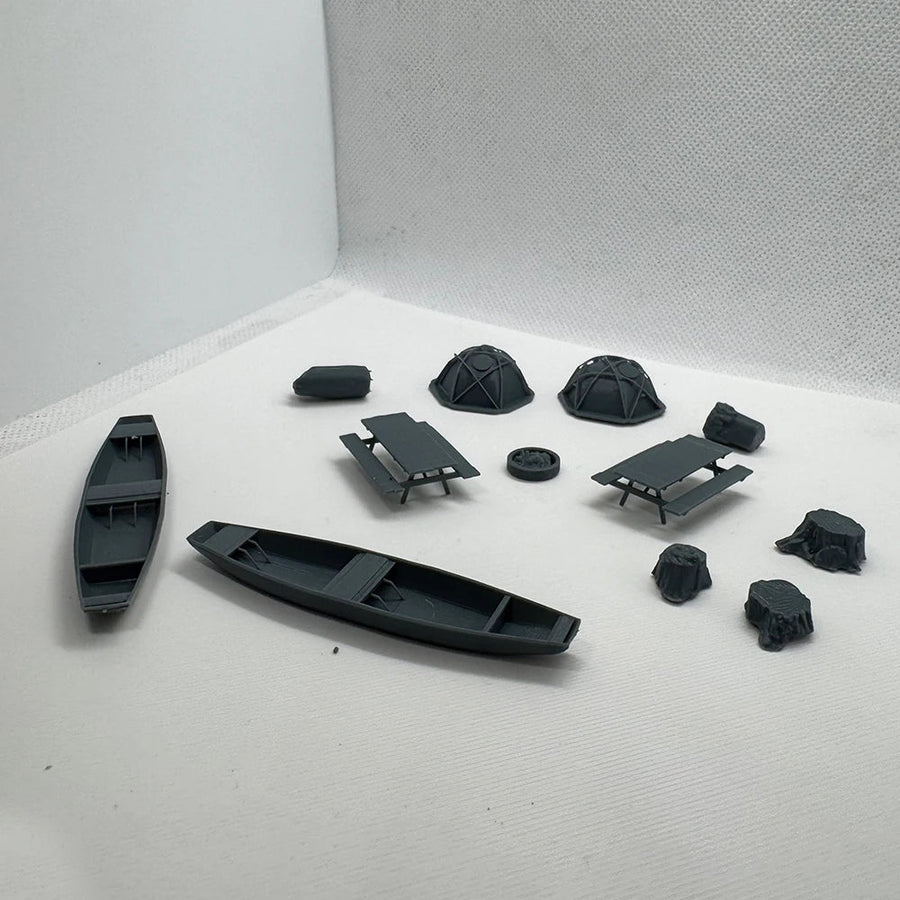 Riverside Campsite Diorama Terrain Set with Boats, Tents & Picnic Tables 28mm Resin Kit - unpainted resin model kit