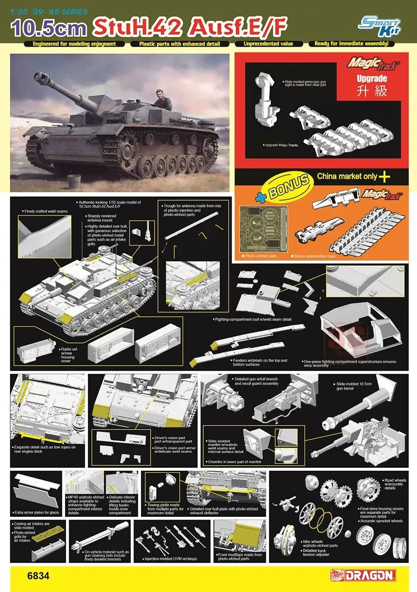 1/35  Assembly Model 6834 German 10.5Cm Type 42 Ausf.E/F Assault Howitzer E/F,With Magic Track Tank Model Kit