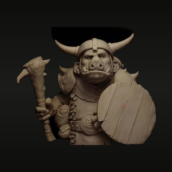 Fantasy Orc Warrior with Axe and Shield Tusks Horned Helmet 1/12 Resin Bust Kit