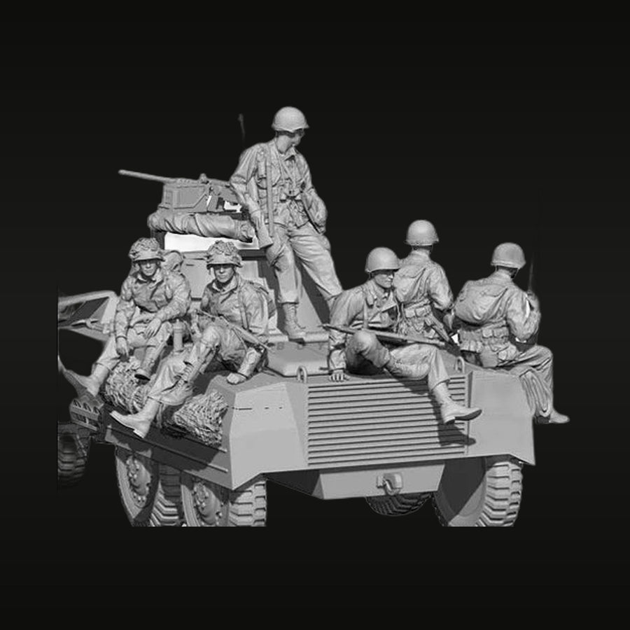 WWII US Infantry Squad on M8 Greyhound Armored Car with Mounted Weapon 1/35 Resin Set - unpainted resin model kit