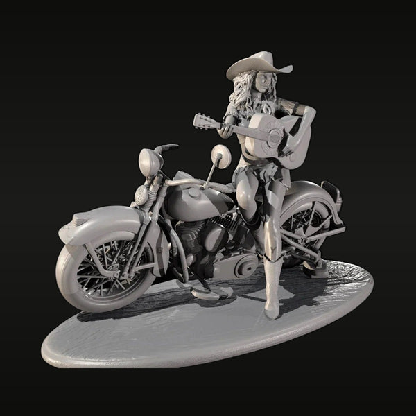 Pinup Cowgirl with Acoustic Guitar and Motorcycle 38mm Resin Figure Kit
