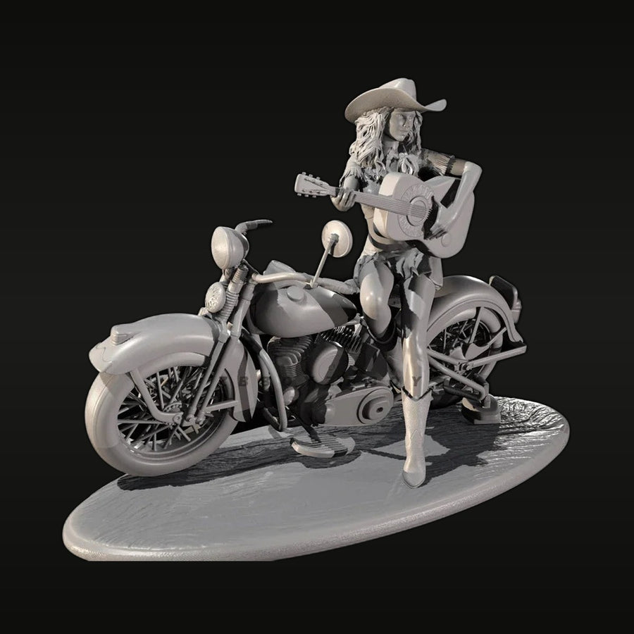 Pinup Cowgirl with Acoustic Guitar and Motorcycle 38mm Resin Figure Kit - unpainted resin model kit