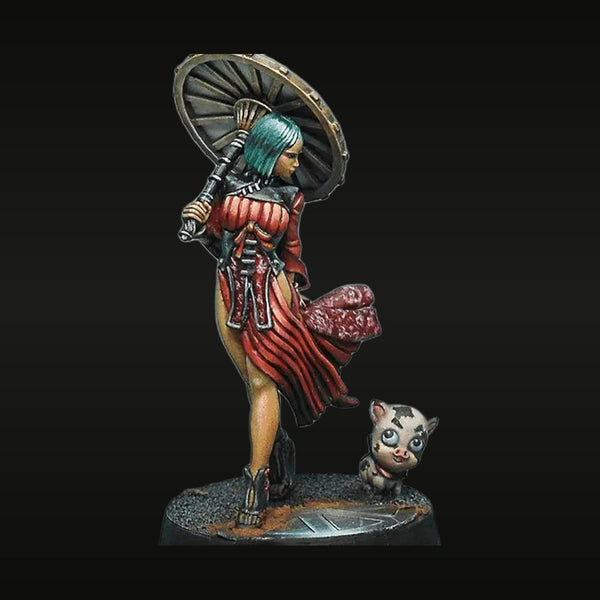 Fantasy Eastern Imperial Judge Girl with Parasol and Pig Companion 28mm Resin Figure Kit