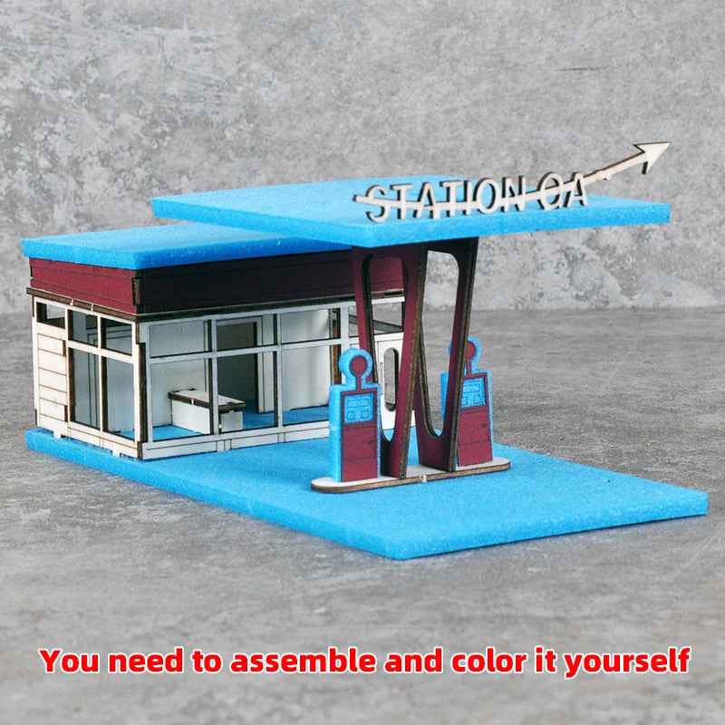 Assembly Architectural Model Sand Table Gas Station Filling Petrol Service Station Modern and Car Scale Model Kit 1/64
