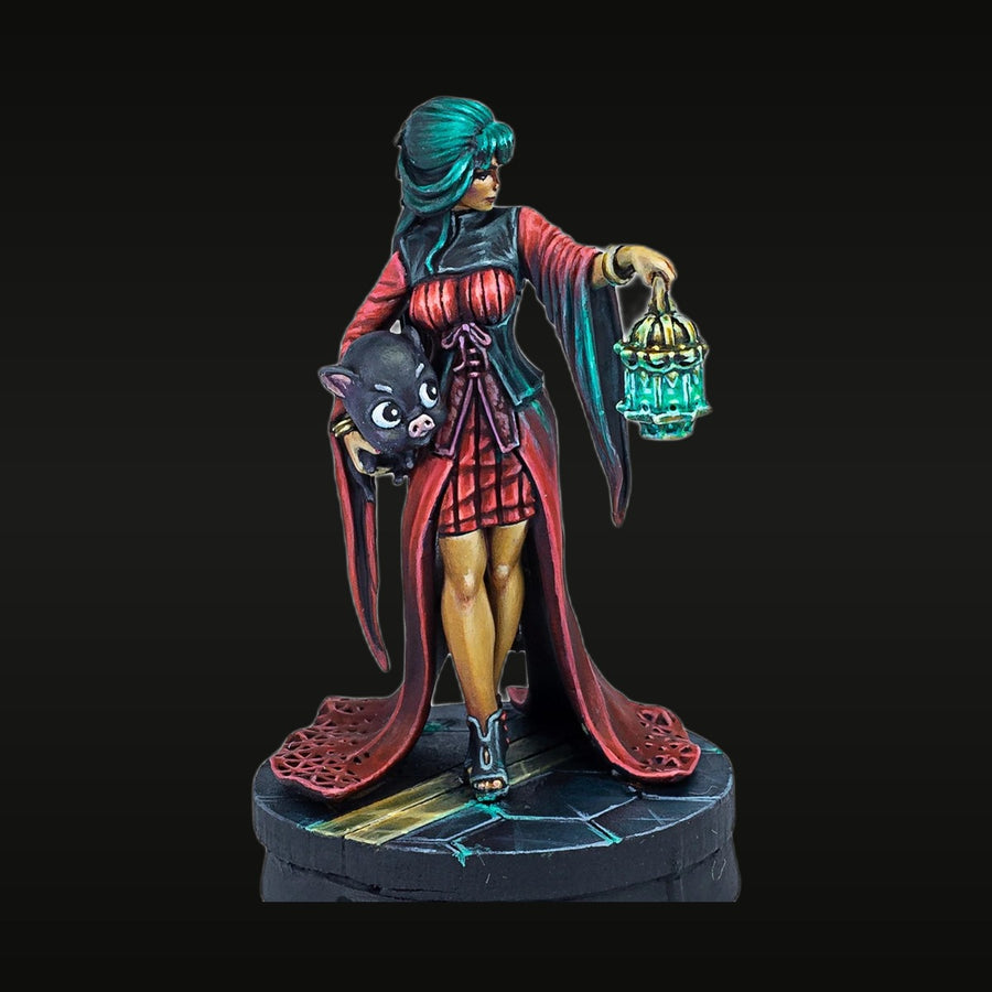 Fantasy Female Sorceress with Lantern and Demon Familiar 75mm Resin Figure Kit - unpainted resin model kit