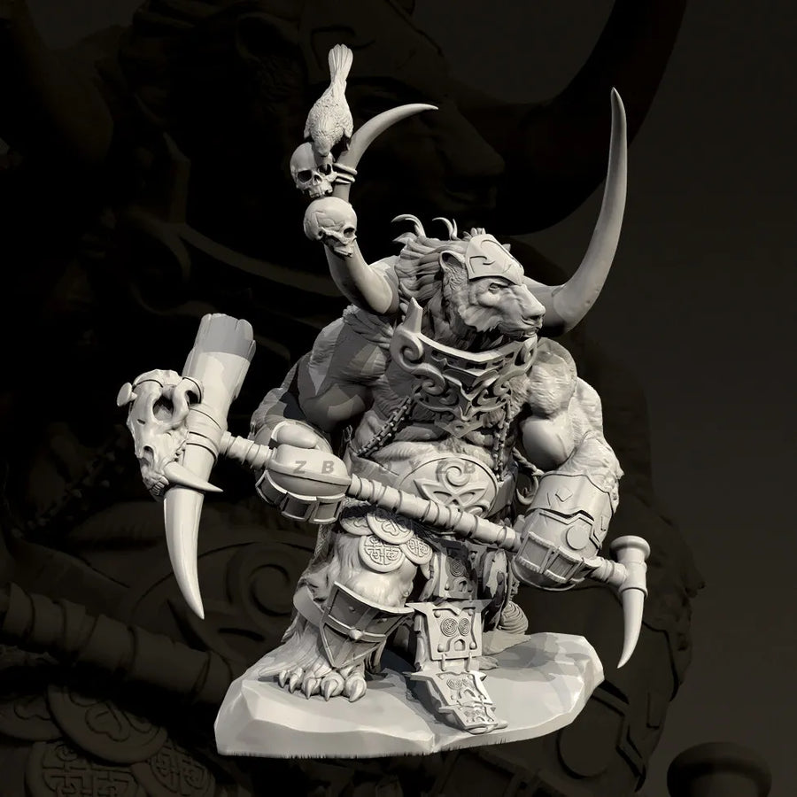 Fantasy Bull Minotaur Warrior with Skull Staff 60mm Resin Figure Kit - resin model view 3