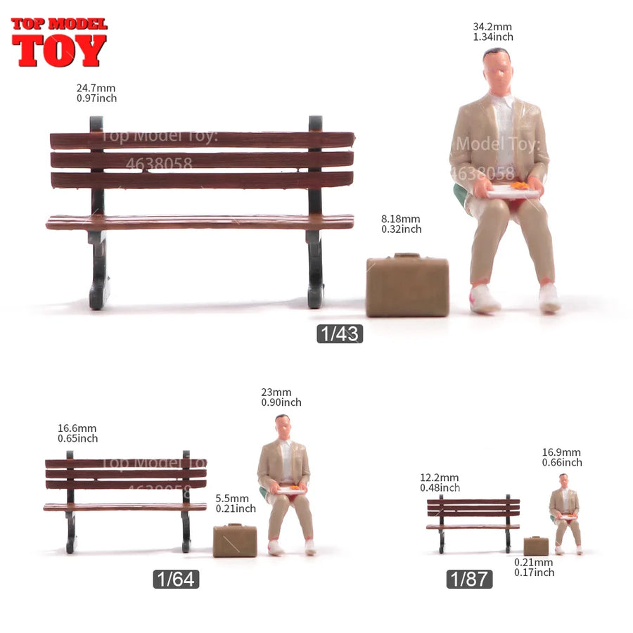 Painted Miniatures 1/64 1/43 1/87 Mr. Forrest Gump Sitting on Bench Male Scene Figure Doll Unpainted Model for Car Vehicles