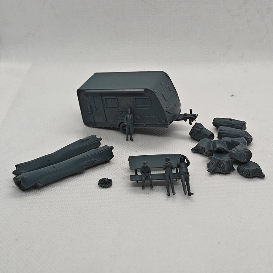 Railway Campsite Diorama with Caravan, Picnic Tables & Logs 1/87 Resin Kit - 1/87 resin model view 2
