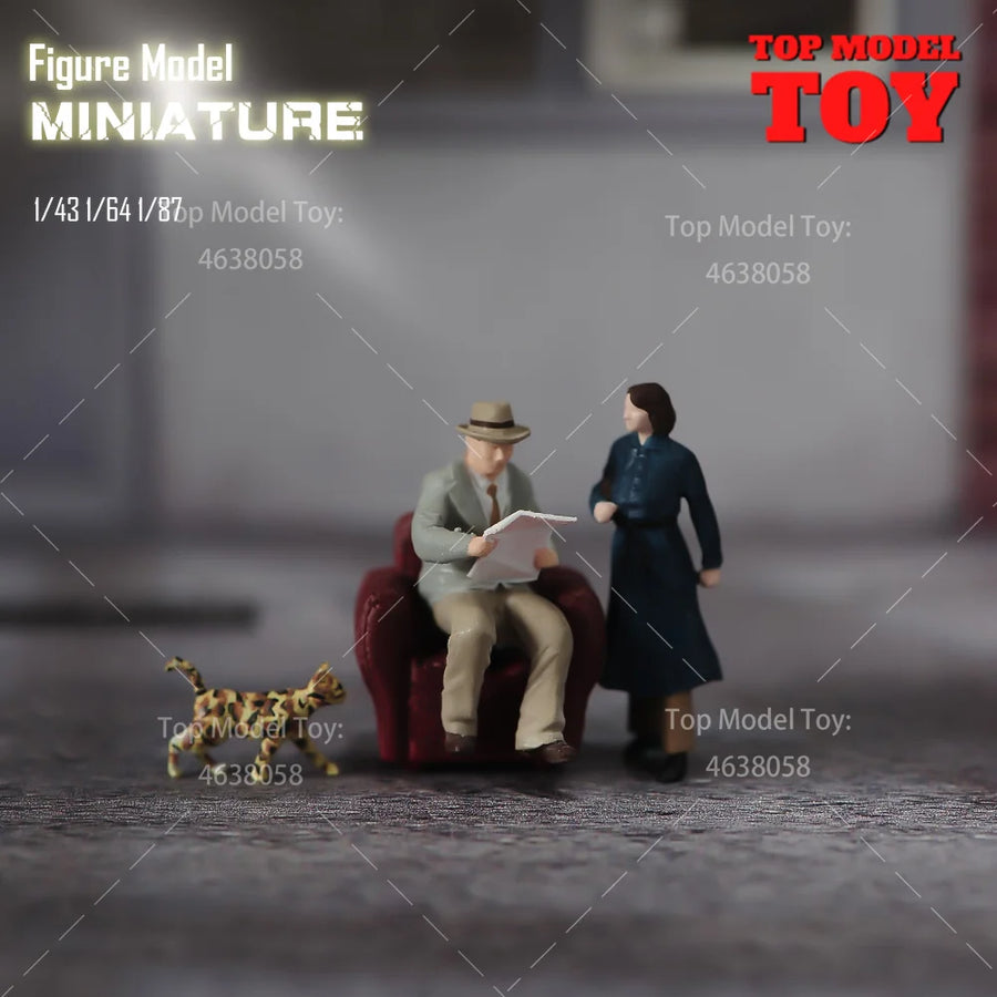 1/87 Scale Seated Man with Standing Woman & Cat Resin Figure Diorama Kit - 1/87 resin model view 2