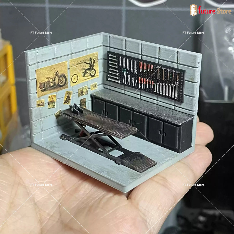 Motorcycle Garage Lift Maintenance Diorama Resin Model Kit 1:64 Scale - 1/64 resin model view 3