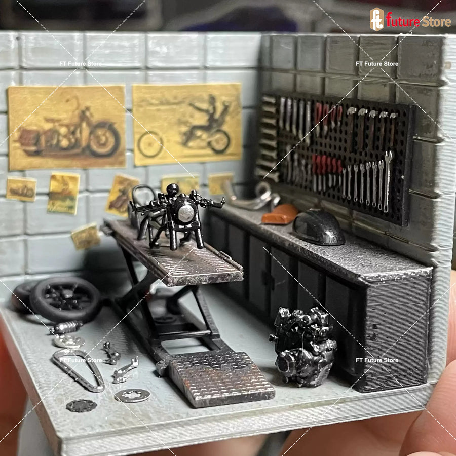 Motorcycle Garage Lift Maintenance Diorama Resin Model Kit 1:64 Scale - 1/64 resin model view 4