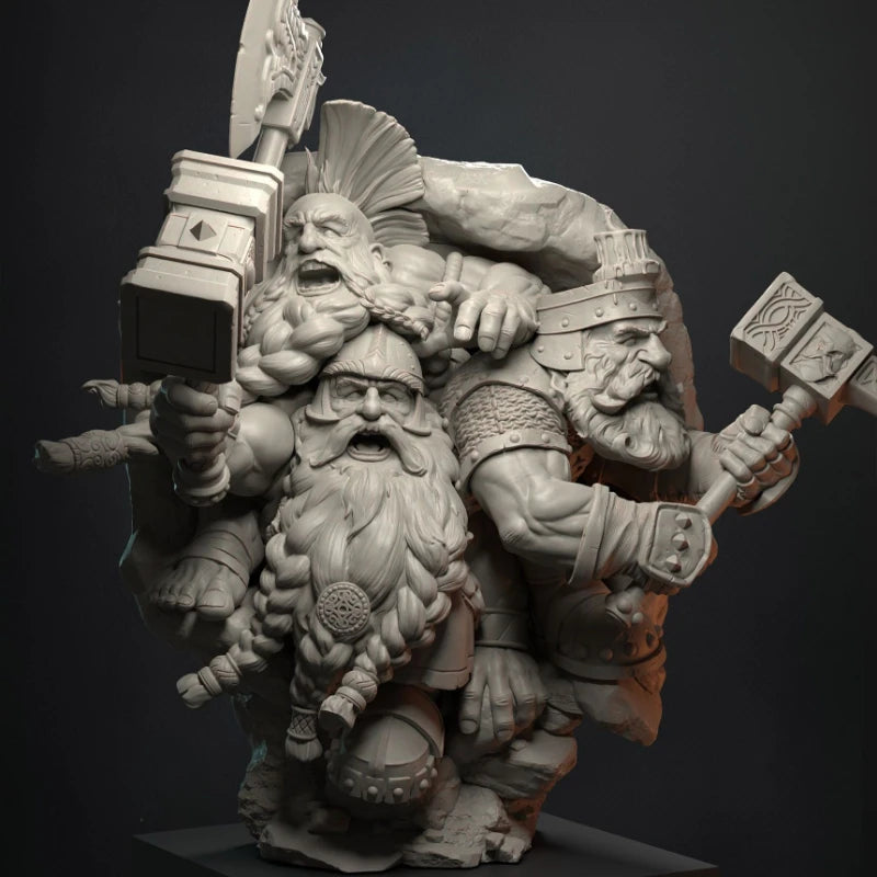 Dwarf Warrior Trio with Axes 1/24 Resin Figure Kit - 1/24 resin model view 2