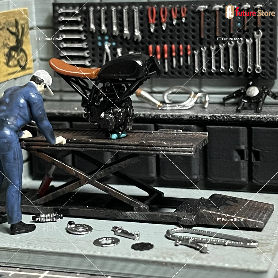 Motorcycle Garage Lift Maintenance Diorama Resin Model Kit 1:64 Scale - 1/64 resin model view 5
