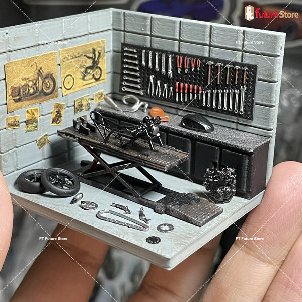 Motorcycle Garage Lift Maintenance Diorama Resin Model Kit 1:64 Scale