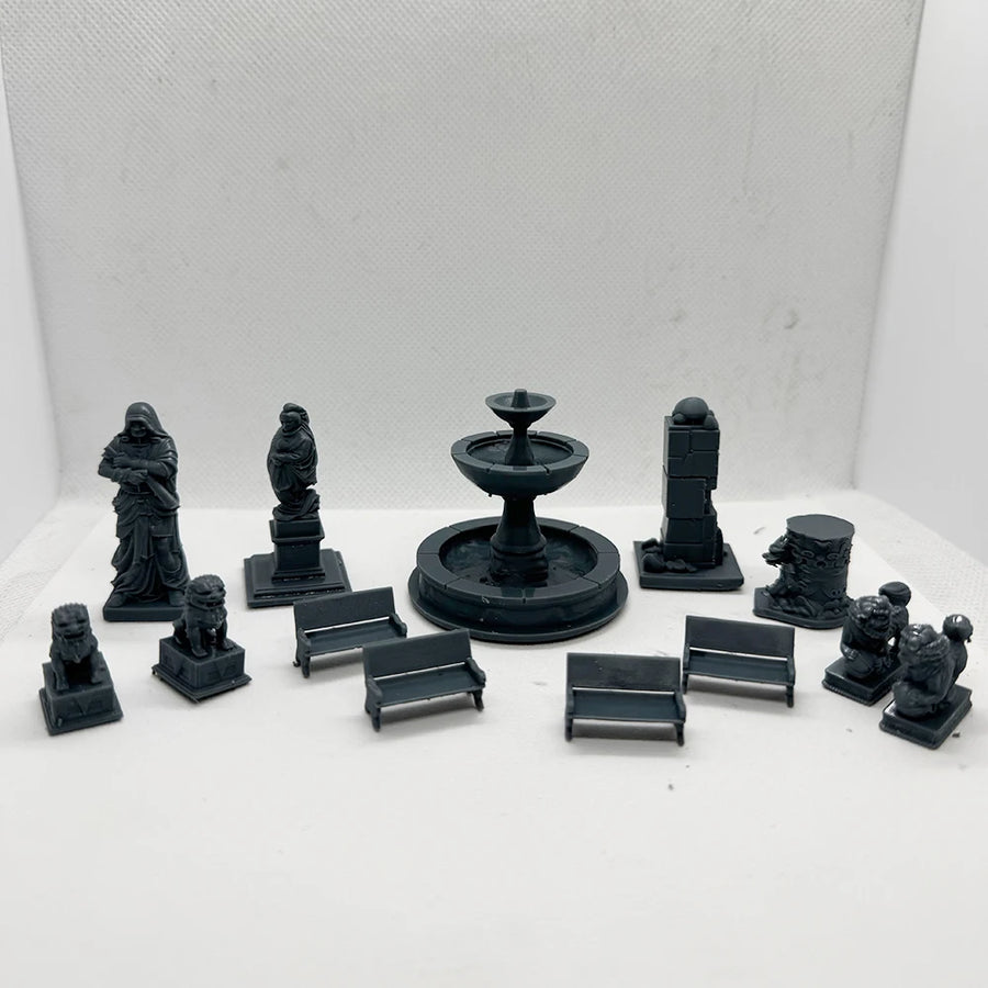 Railway Station Park Fountain with Benches 1/220 Resin Diorama Kit - 1/220 resin model view 3