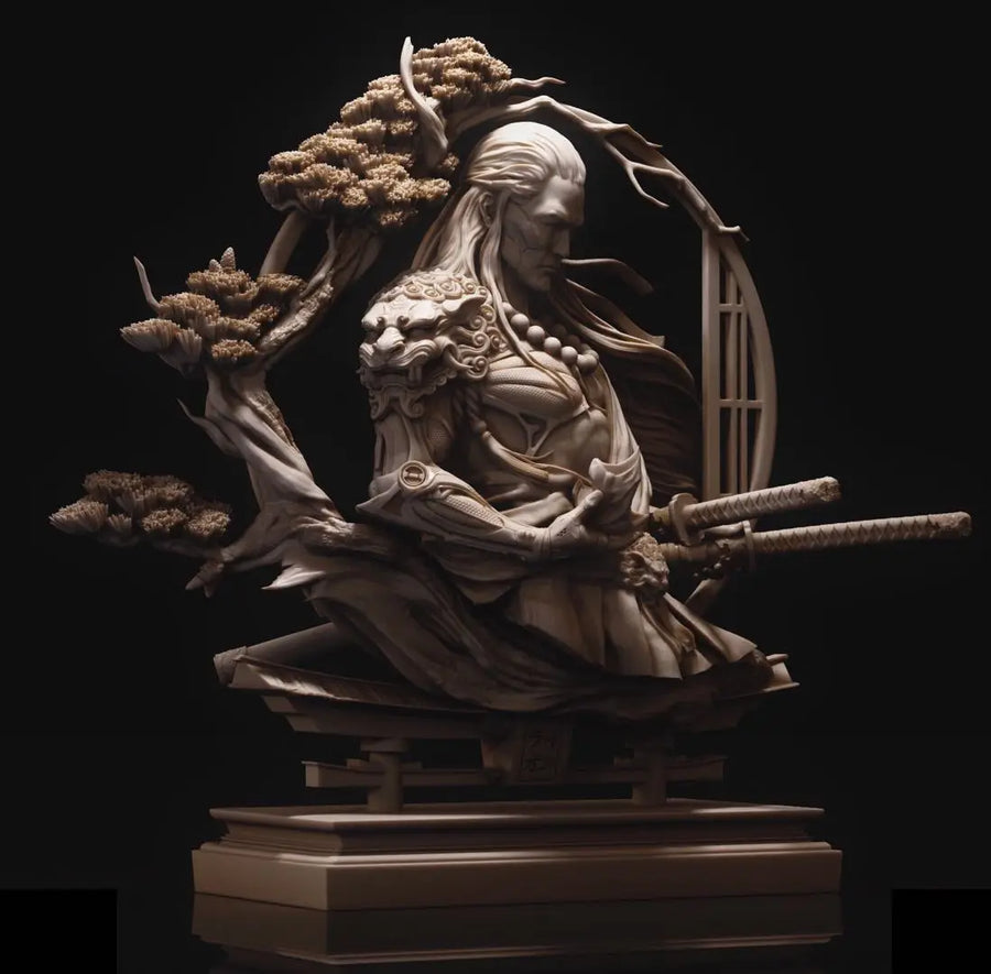 Fantasy Asian Warrior with Katana and Bonsai 1/11 Resin Bust Kit - resin model view 3